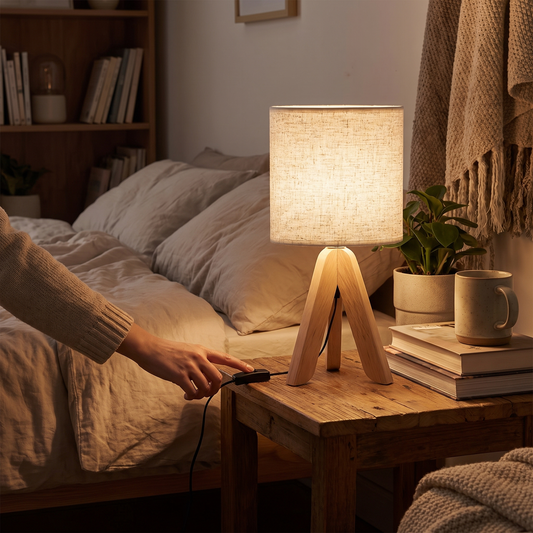 Nordic Wooden Tripod Table Lamp | Fabric Shade lifestyle
