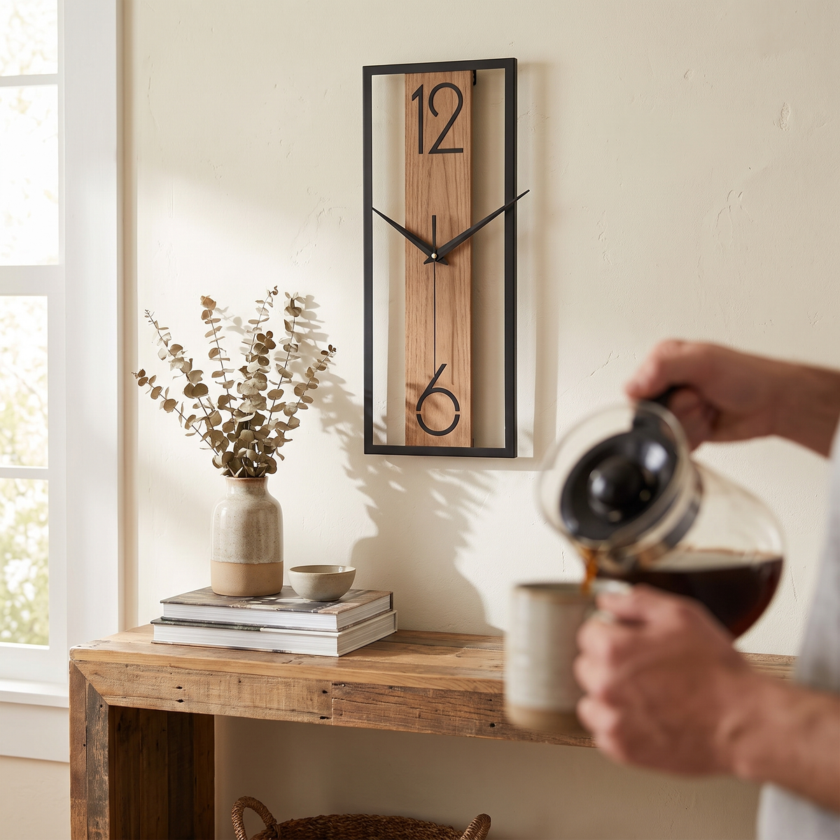 Modern Rectangular Wall Clock | Slim Wood Grain Frame Design lifestyle