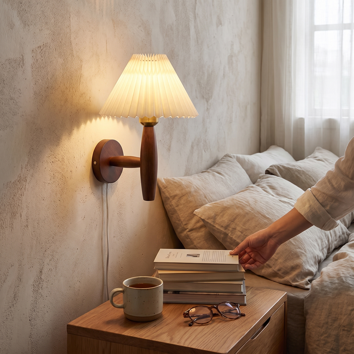 Nordic Wooden Wall Sconce | Retro Bedside Wall Lamp with Ple lifestyle