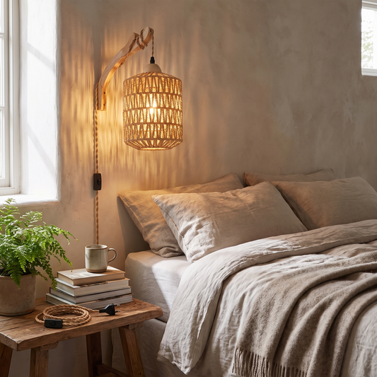 Boho Wood & Rattan Wall Lamp | Hand-Woven Plug-In Light lifestyle