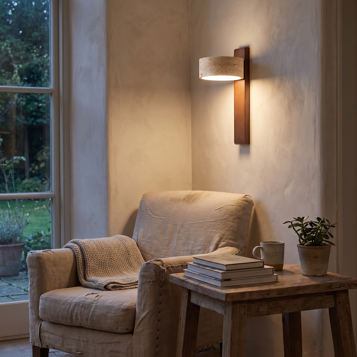 Travertine Wall Lamp | Modern Stone & Wood Sconce lifestyle