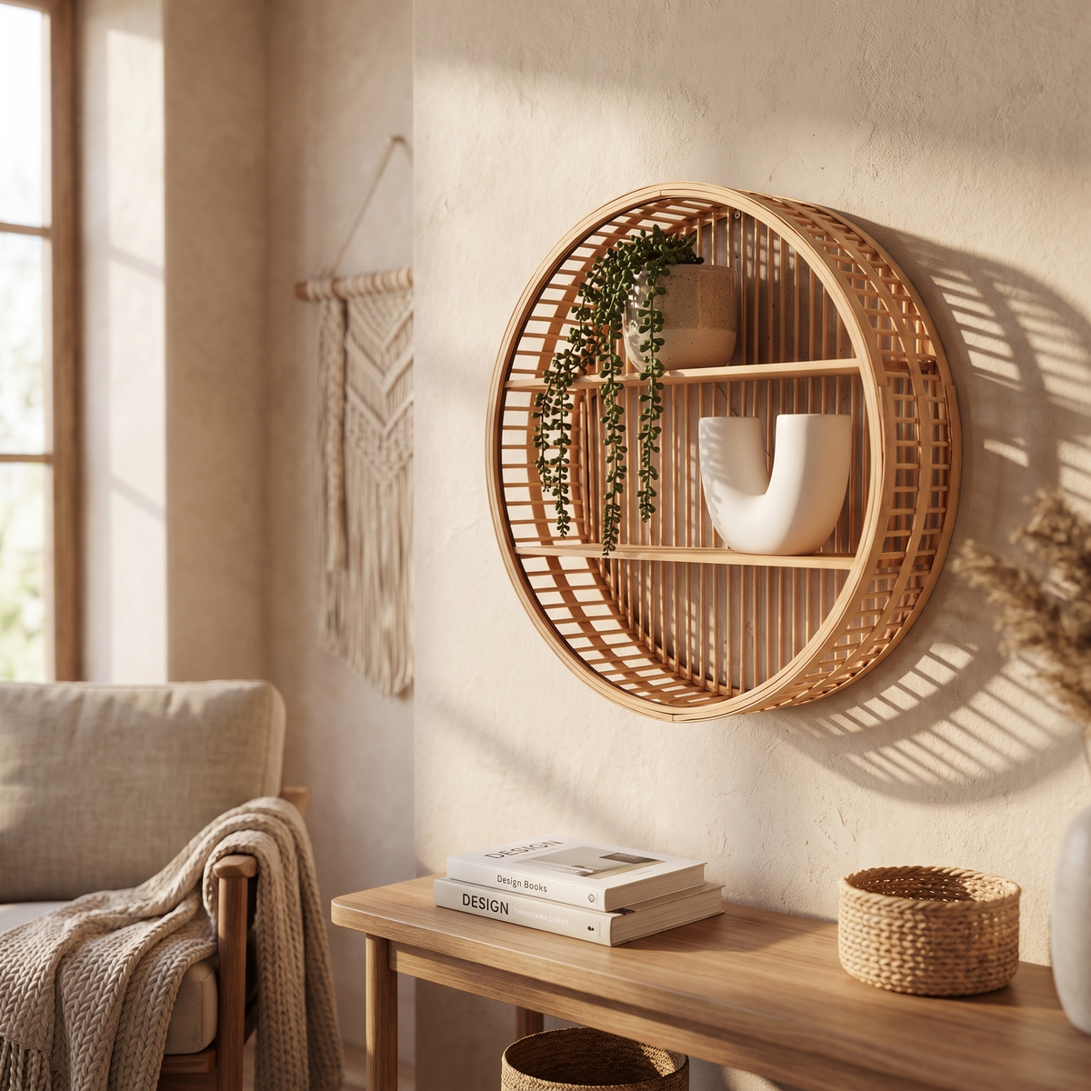 Round Bamboo Wall Shelf | Handmade Boho Floating Organizer lifestyle