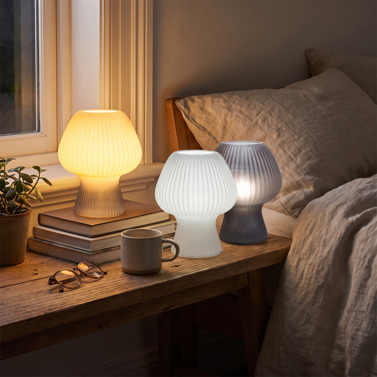 Vintage Bedside Table Lamp | Ribbed Glass Mushroom Lamp lifestyle