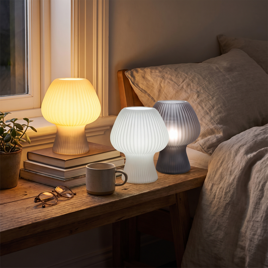 Vintage Bedside Table Lamp | Ribbed Glass Mushroom Lamp lifestyle
