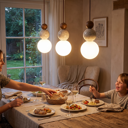 Cleonice Pendant Light | Travertine, Wood & Glass Hanging La lifestyle