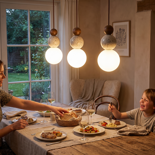 Cleonice Pendant Light | Travertine, Wood & Glass Hanging La lifestyle