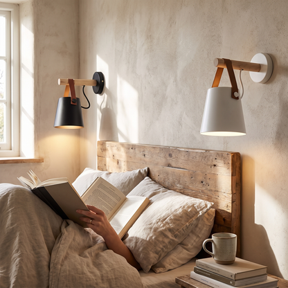 Nordic Wood & Leather Wall Lamp | Hanging Bedside Light lifestyle