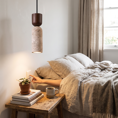 Wabi-Sabi Travertine & Wood Pendant Light | Japanese Minimal lifestyle