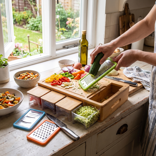Bamboo Cutting Board with Storage Trays & Graters lifestyle