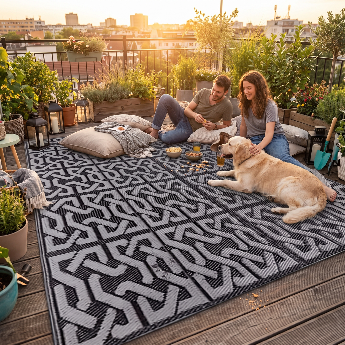 Reversible Outdoor Rug | Black & Grey Modern Patio Mat lifestyle