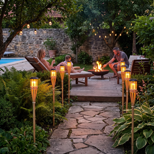 Solar Bamboo Flame Lights (2-Pack) | 12-LED Outdoor Solar Ga lifestyle