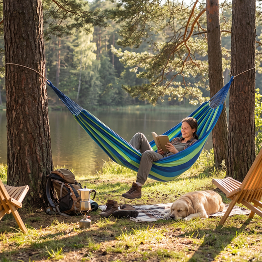 Canvas Hammock | Striped Double Swing Bed lifestyle